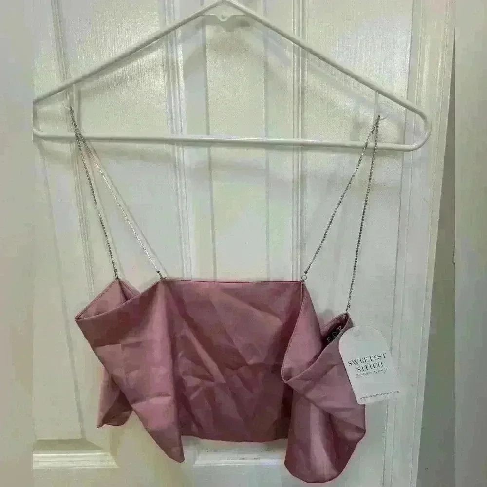 Backless Satiny Pink Crop Tank with Jeweled Spaghetti Straps Size S